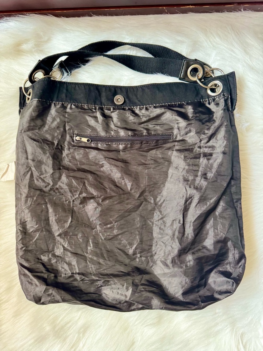 Y2K- Style Black Sequin Striped Tote Bag Large Shoulder Fabric O-ring Detail - Picture 7 of 10